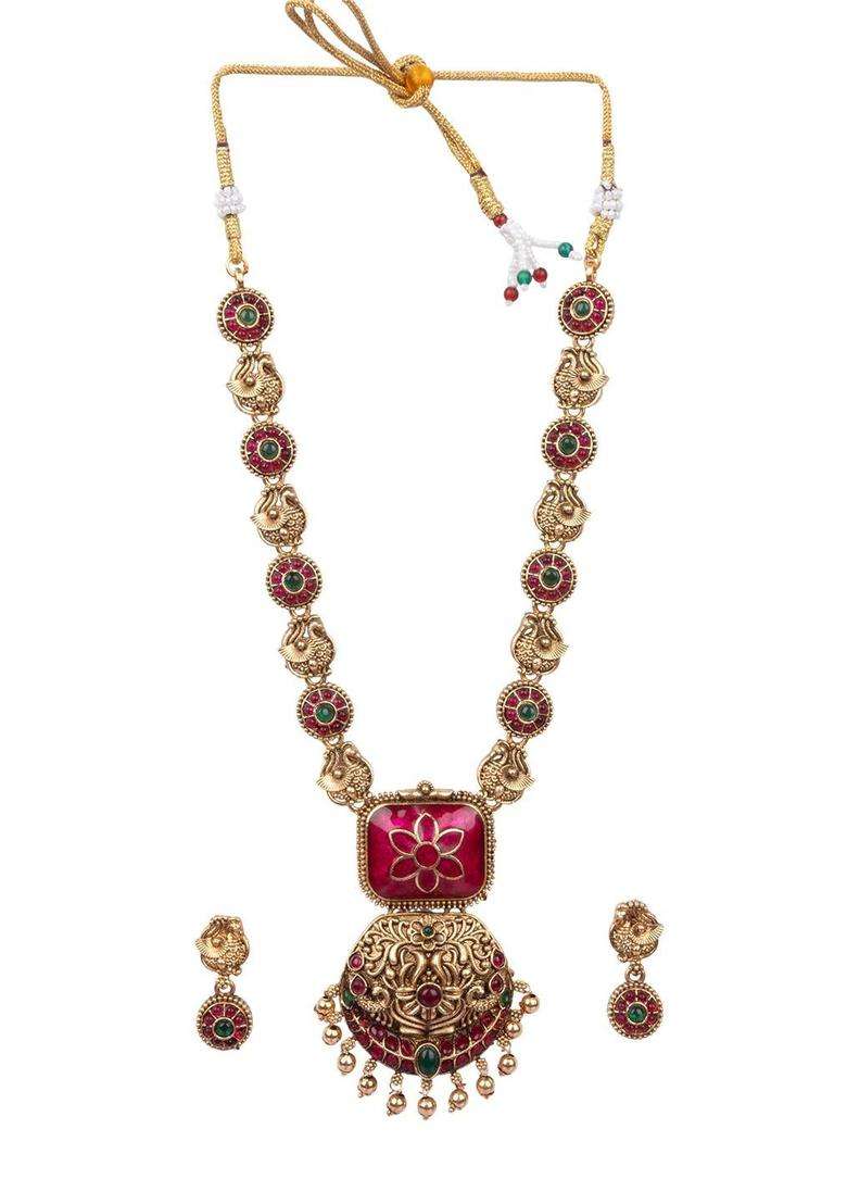 Gold-Plated Temple Stone-Studded Necklace and Earrings for Women | Traditional Temple Jewellery for Wedding & Festive Wear | Gift for Her - Indya