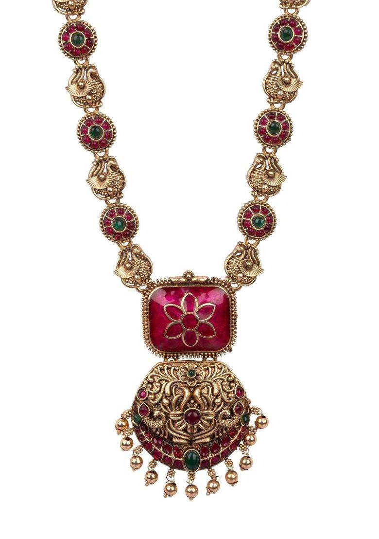 Gold-Plated Temple Stone-Studded Necklace and Earrings for Women | Traditional Temple Jewellery for Wedding & Festive Wear | Gift for Her - Indya