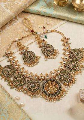 Gold-Plated Temple Artificial Stone Studded & Beaded Necklace and Earrings for Women | Traditional Temple Jewellery for Wedding & Festive Wear | Gift for Her