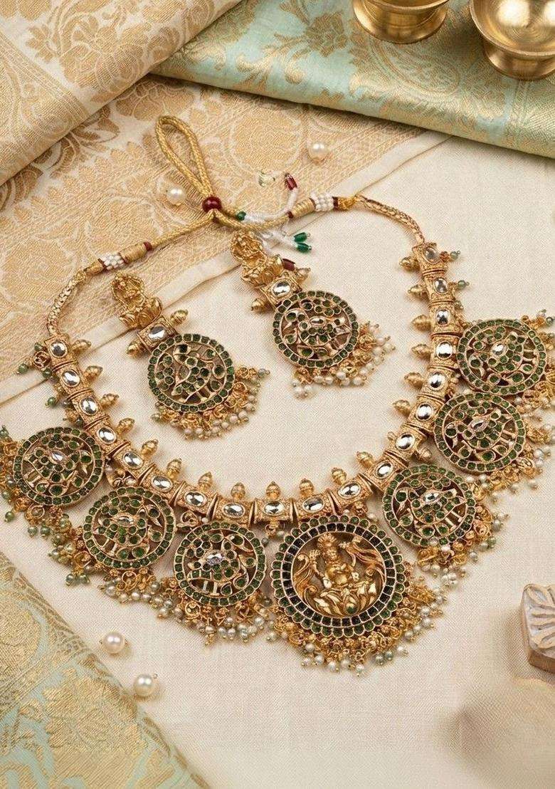 Gold-Plated Temple Artificial Stone Studded & Beaded Necklace and Earrings for Women | Traditional Temple Jewellery for Wedding & Festive Wear | Gift for Her - Indya