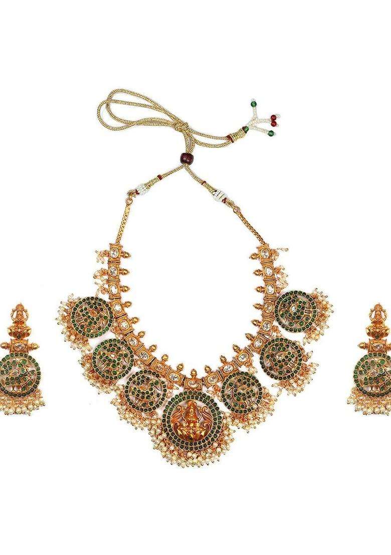 Gold-Plated Temple Artificial Stone Studded & Beaded Necklace and Earrings for Women | Traditional Temple Jewellery for Wedding & Festive Wear | Gift for Her - Indya