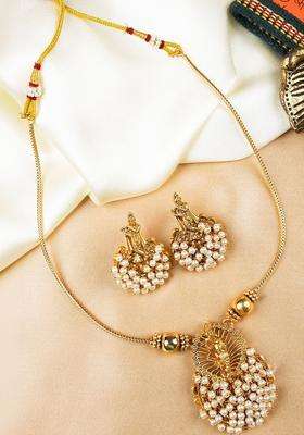 Gold-Plated Temple Artificial Stones and Beads Copper Ethnic Necklace and Earrings for Women | Traditional Temple Jewellery for Wedding & Festive Wear | Gift for Her