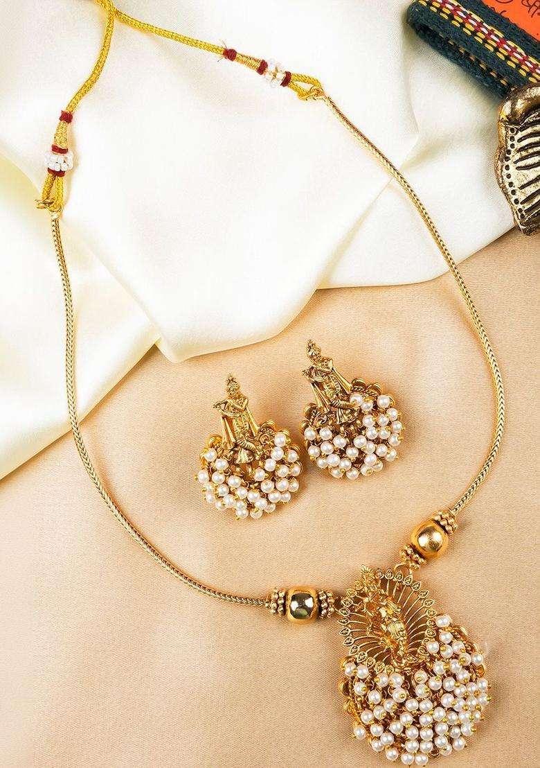 Gold-Plated Temple Artificial Stones and Beads Copper Ethnic Necklace and Earrings for Women | Traditional Temple Jewellery for Wedding & Festive Wear | Gift for Her - Indya
