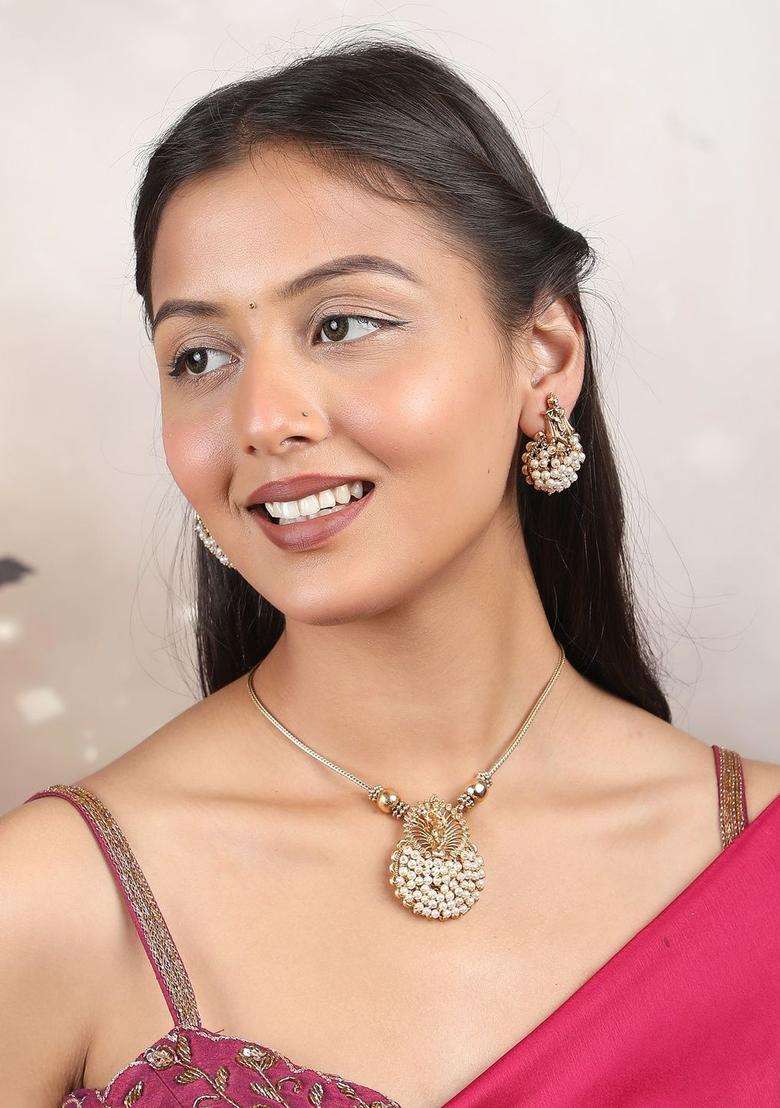 Gold-Plated Temple Artificial Stones and Beads Copper Ethnic Necklace and Earrings for Women | Traditional Temple Jewellery for Wedding & Festive Wear | Gift for Her - Indya