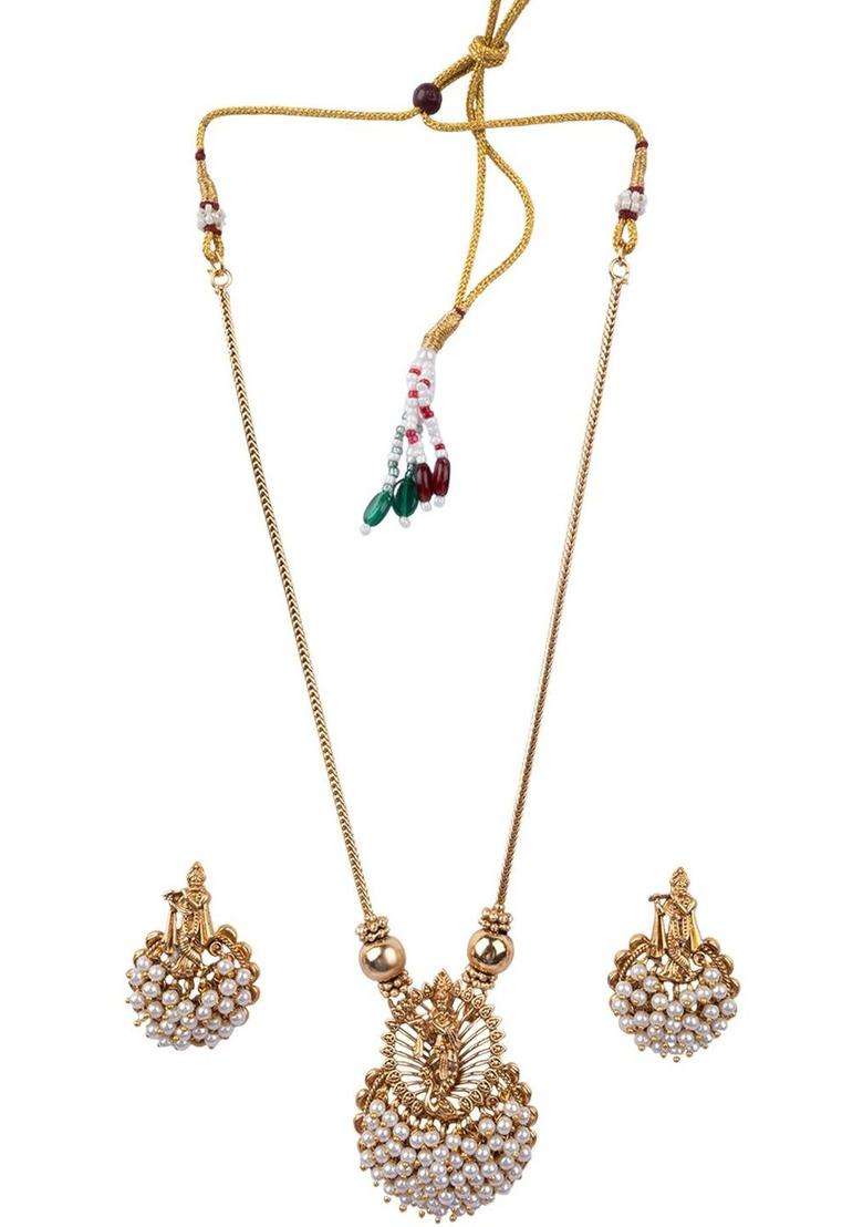 Gold-Plated Temple Artificial Stones and Beads Copper Ethnic Necklace and Earrings for Women | Traditional Temple Jewellery for Wedding & Festive Wear | Gift for Her - Indya