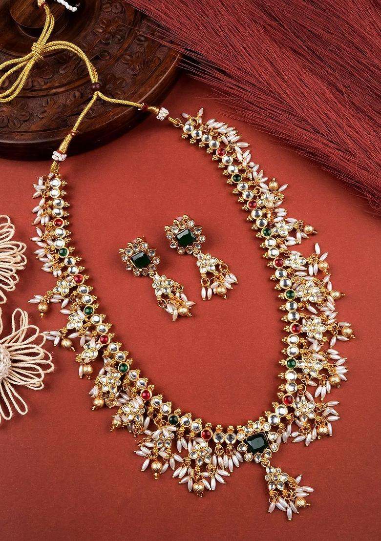 Gold-Plated Temple Artificial Stones and Beads Copper Ethnic Necklace and Earrings for Women | Traditional Temple Jewellery for Wedding & Festive Wear | Gift for Her - Indya