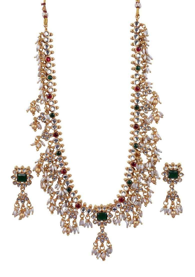 Gold-Plated Temple Artificial Stones and Beads Copper Ethnic Necklace and Earrings for Women | Traditional Temple Jewellery for Wedding & Festive Wear | Gift for Her - Indya