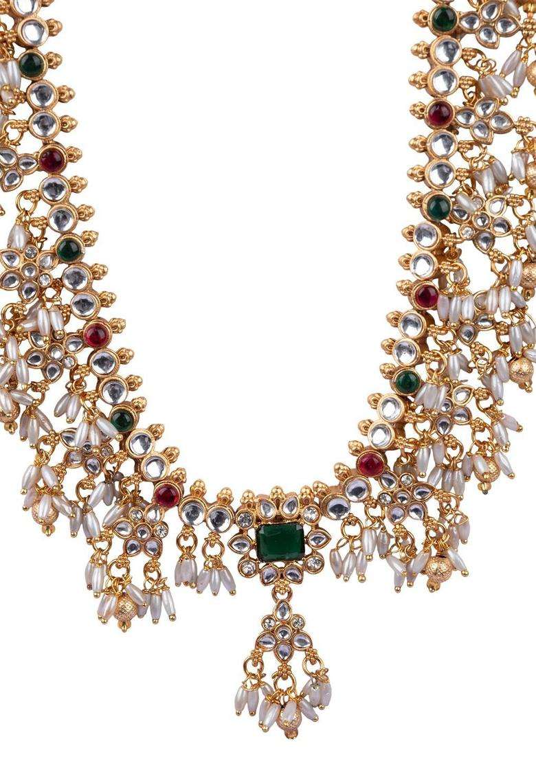 Gold-Plated Temple Artificial Stones and Beads Copper Ethnic Necklace and Earrings for Women | Traditional Temple Jewellery for Wedding & Festive Wear | Gift for Her - Indya
