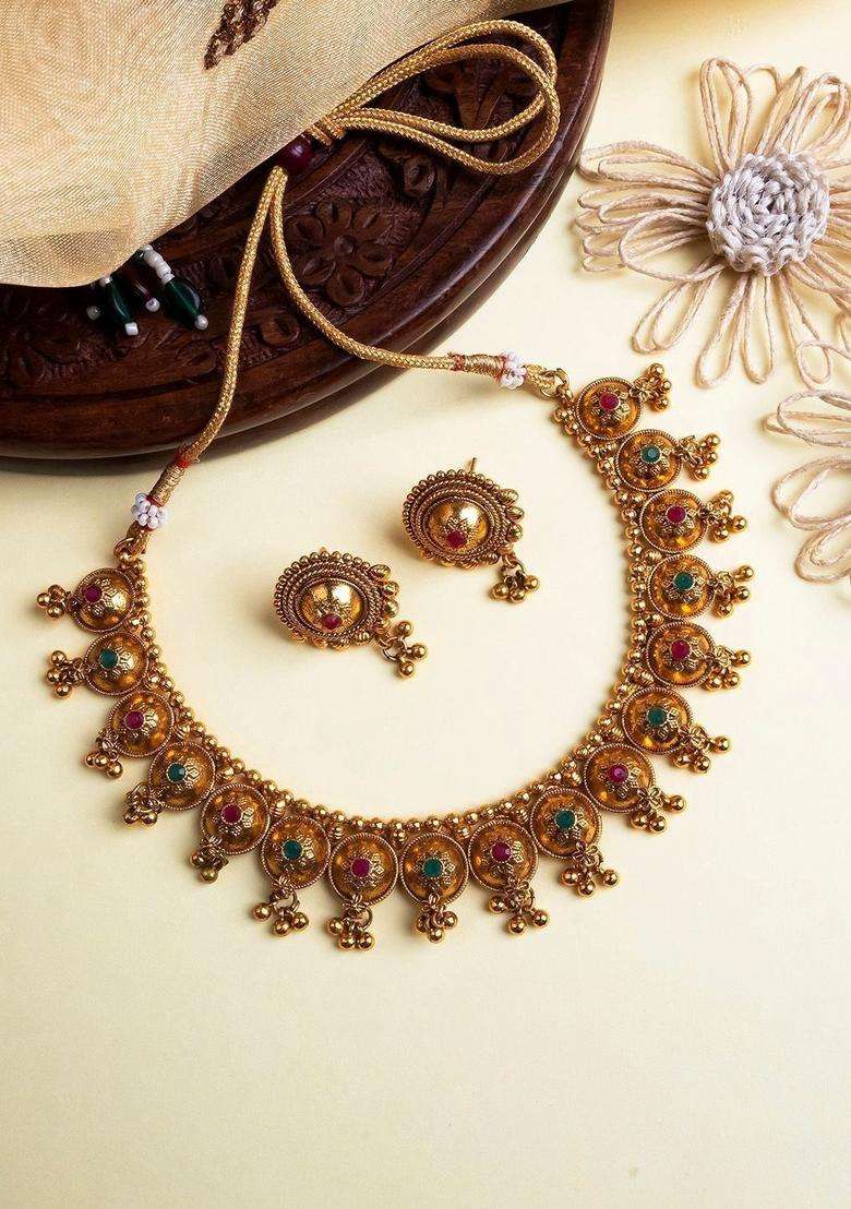 Gold-Plated Temple Artificial Stones and Beads Copper Ethnic Necklace and Earrings for Women | Traditional Temple Jewellery for Wedding & Festive Wear | Gift for Her - Indya