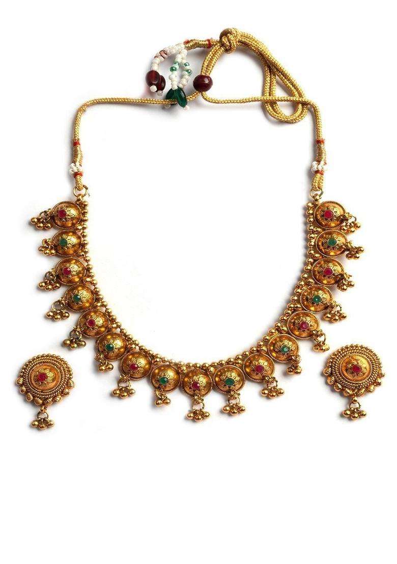 Gold-Plated Temple Artificial Stones and Beads Copper Ethnic Necklace and Earrings for Women | Traditional Temple Jewellery for Wedding & Festive Wear | Gift for Her - Indya