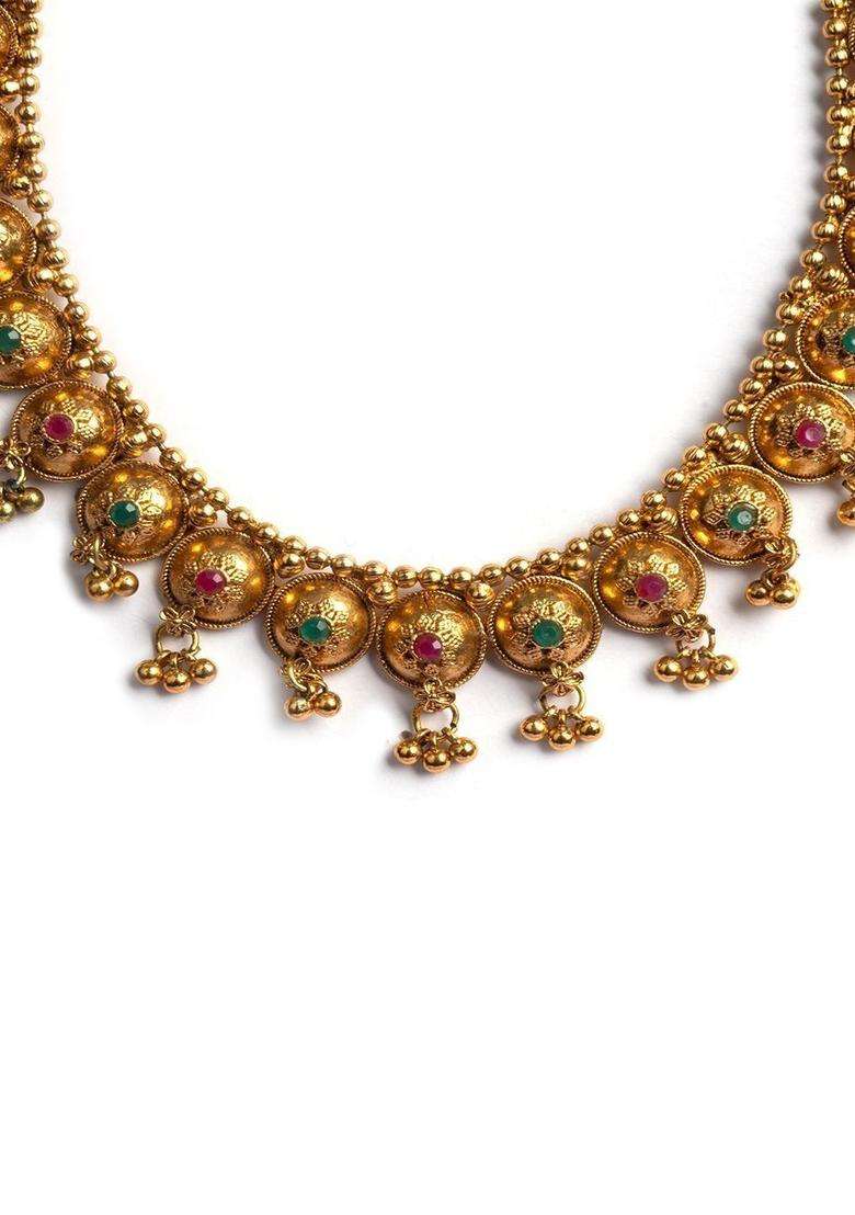 Gold-Plated Temple Artificial Stones and Beads Copper Ethnic Necklace and Earrings for Women | Traditional Temple Jewellery for Wedding & Festive Wear | Gift for Her - Indya