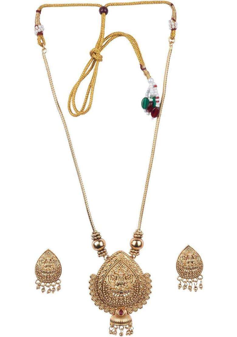 Gold-Plated Artificial Stones Studded & Beaded Temple Jewellery Set for Women | Traditional Temple Jewellery for Wedding & Festive Wear | Gift for Her - Indya
