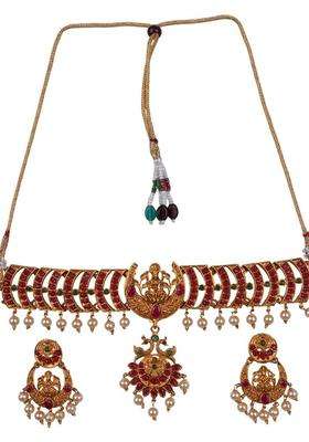 Gold-Plated Artificial Stones Studded & Beaded Temple Jewellery Set for Women | Traditional Temple Jewellery for Wedding & Festive Wear | Gift for Her