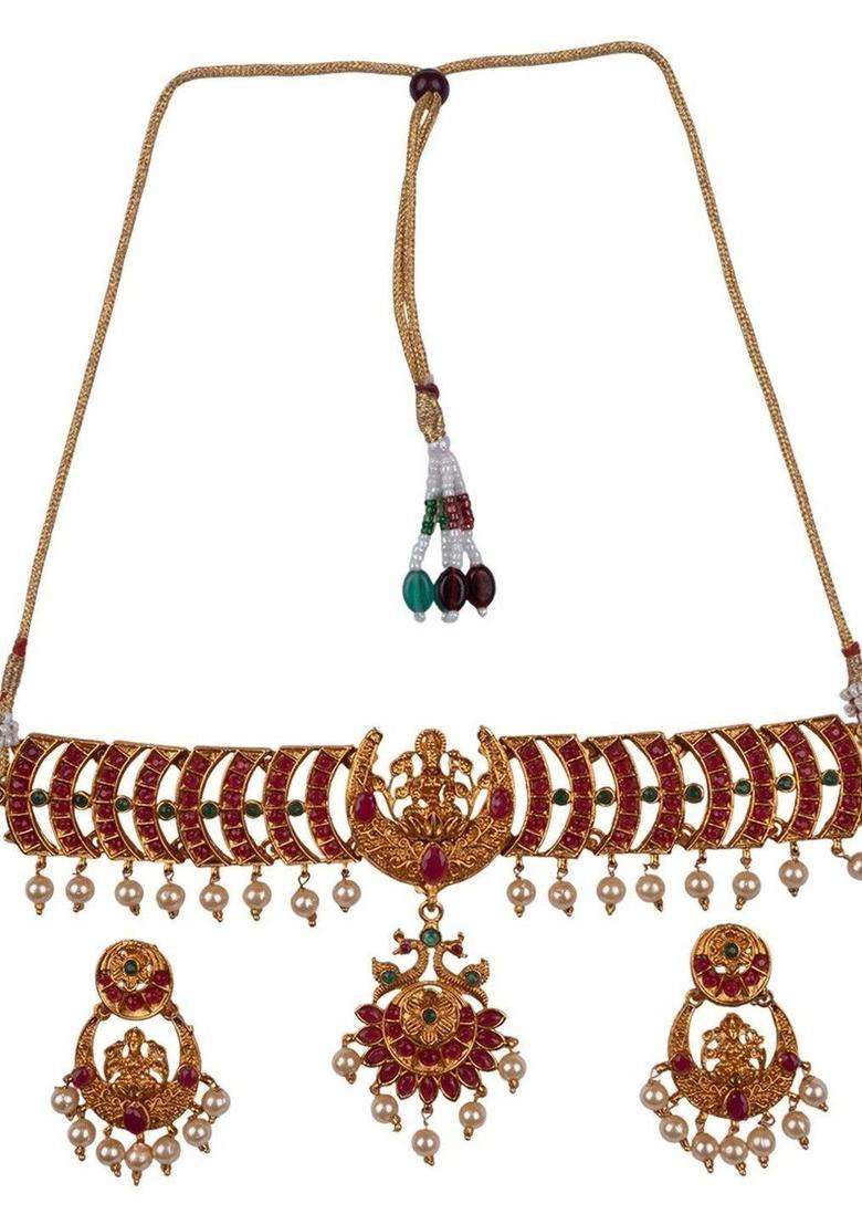 Gold-Plated Artificial Stones Studded & Beaded Temple Jewellery Set for Women | Traditional Temple Jewellery for Wedding & Festive Wear | Gift for Her - Indya