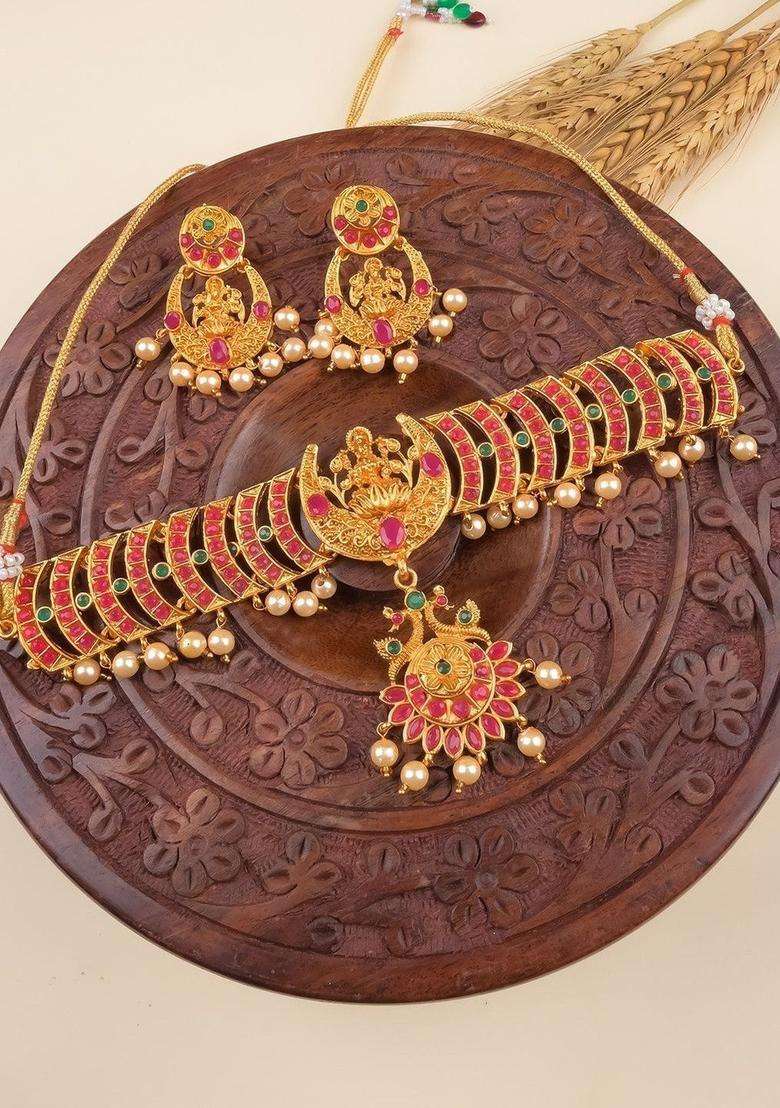 Gold-Plated Artificial Stones Studded & Beaded Temple Jewellery Set for Women | Traditional Temple Jewellery for Wedding & Festive Wear | Gift for Her - Indya