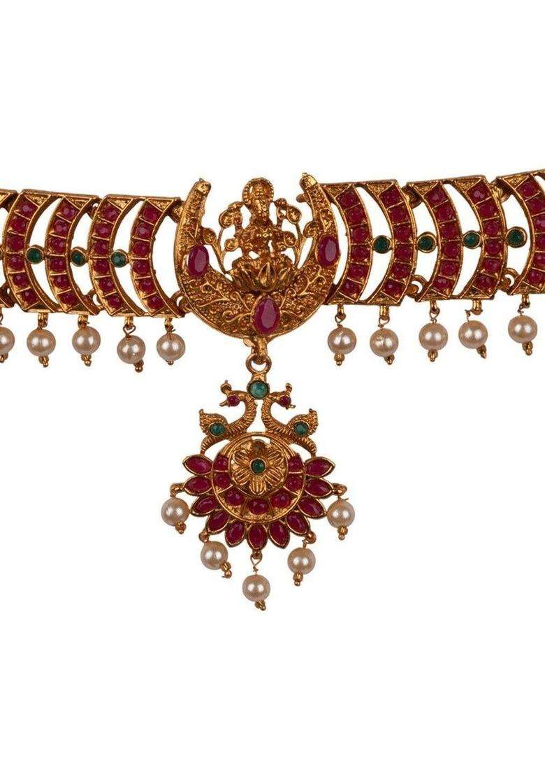Gold-Plated Artificial Stones Studded & Beaded Temple Jewellery Set for Women | Traditional Temple Jewellery for Wedding & Festive Wear | Gift for Her - Indya