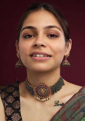 Gold-Plated Artificial Stone Studded & Beaded Necklace and Earrings Set for Women | Traditional Temple Jewellery for Wedding & Festive Wear | Gift for Her