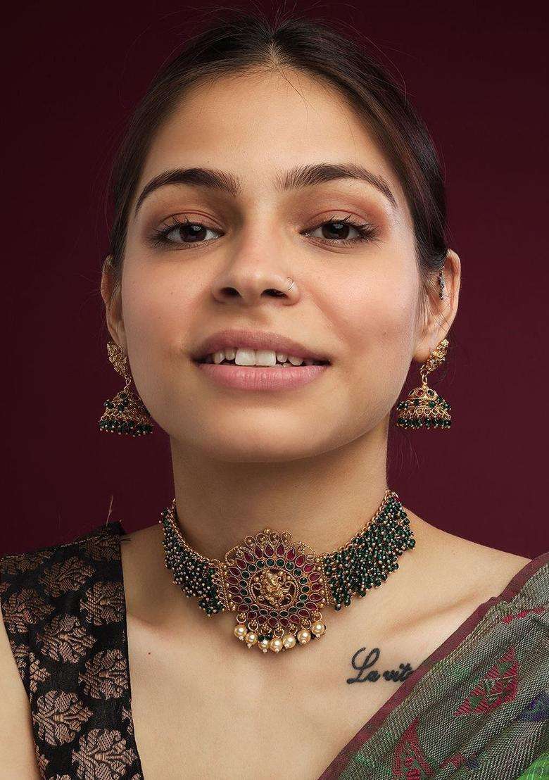 Gold-Plated Artificial Stone Studded & Beaded Necklace and Earrings Set for Women | Traditional Temple Jewellery for Wedding & Festive Wear | Gift for Her - Indya