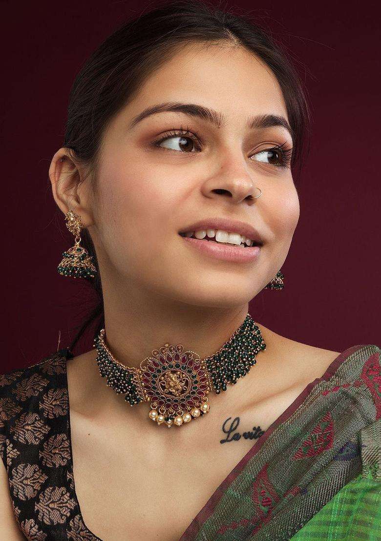 Gold-Plated Artificial Stone Studded & Beaded Necklace and Earrings Set for Women | Traditional Temple Jewellery for Wedding & Festive Wear | Gift for Her - Indya