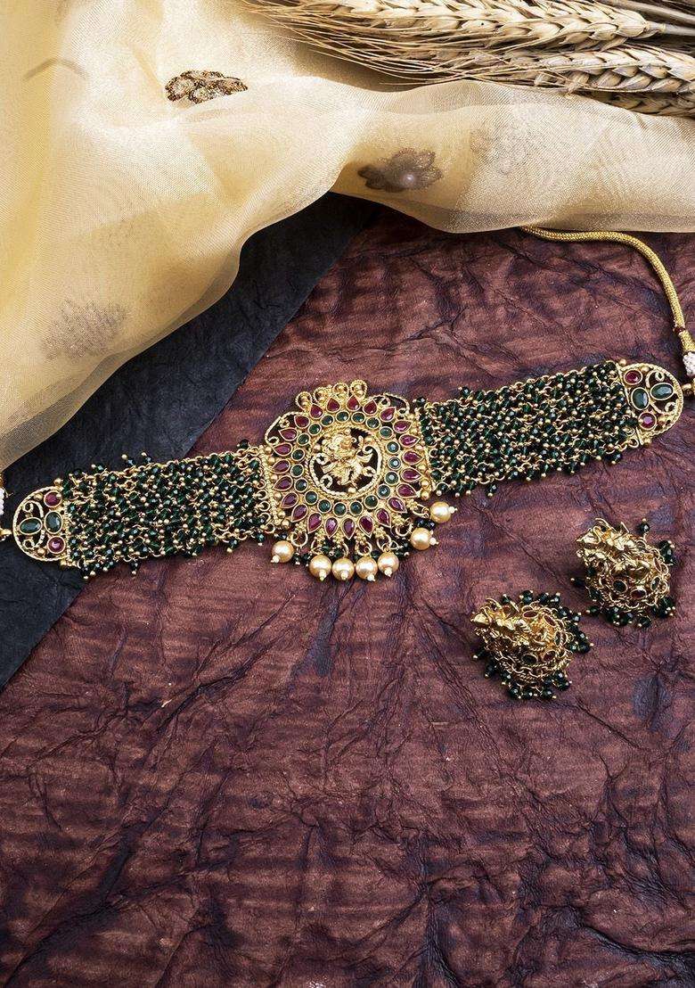 Gold-Plated Artificial Stone Studded & Beaded Necklace and Earrings Set for Women | Traditional Temple Jewellery for Wedding & Festive Wear | Gift for Her - Indya