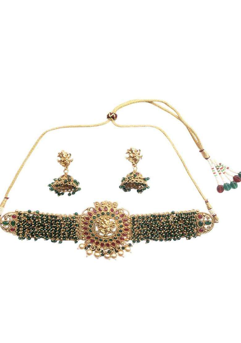 Gold-Plated Artificial Stone Studded & Beaded Necklace and Earrings Set for Women | Traditional Temple Jewellery for Wedding & Festive Wear | Gift for Her - Indya