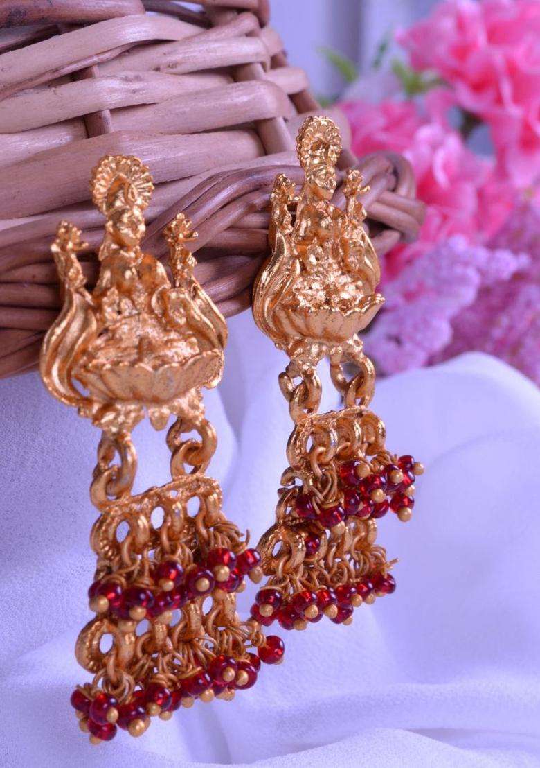 Gold-Plated Artificial Beaded Goddess Temple Contemporary Shaped Drop Earrings for Women | Traditional Temple Jewellery for Wedding & Festive Wear | Gift for Her - Indya