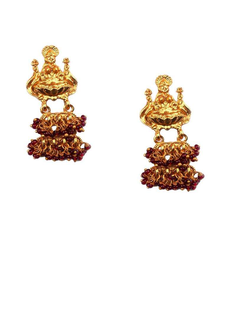 Gold-Plated Artificial Beaded Goddess Temple Contemporary Shaped Drop Earrings for Women | Traditional Temple Jewellery for Wedding & Festive Wear | Gift for Her - Indya