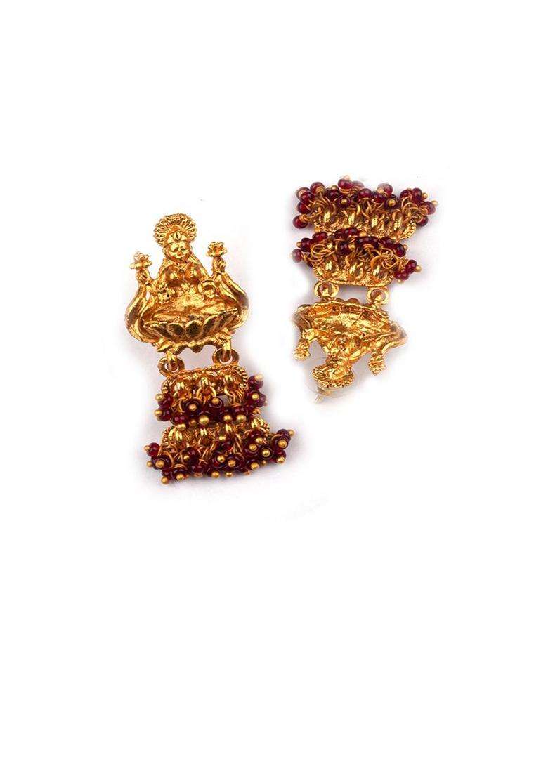 Gold-Plated Artificial Beaded Goddess Temple Contemporary Shaped Drop Earrings for Women | Traditional Temple Jewellery for Wedding & Festive Wear | Gift for Her - Indya