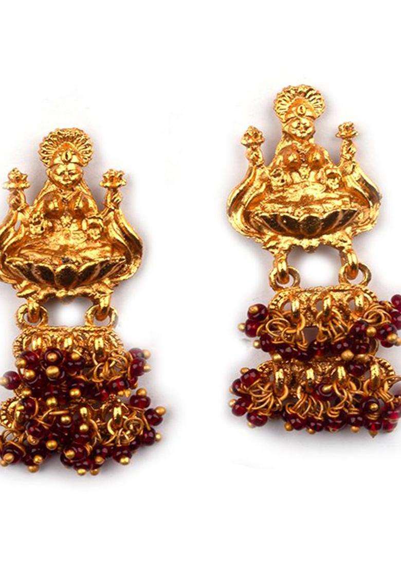 Gold-Plated Artificial Beaded Goddess Temple Contemporary Shaped Drop Earrings for Women | Traditional Temple Jewellery for Wedding & Festive Wear | Gift for Her - Indya