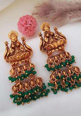 Gold-Plated Artificial Beaded Goddess Temple Contemporary Shaped Drop Earrings for Women | Traditional Temple Jewellery for Wedding & Festive Wear | Gift for Her