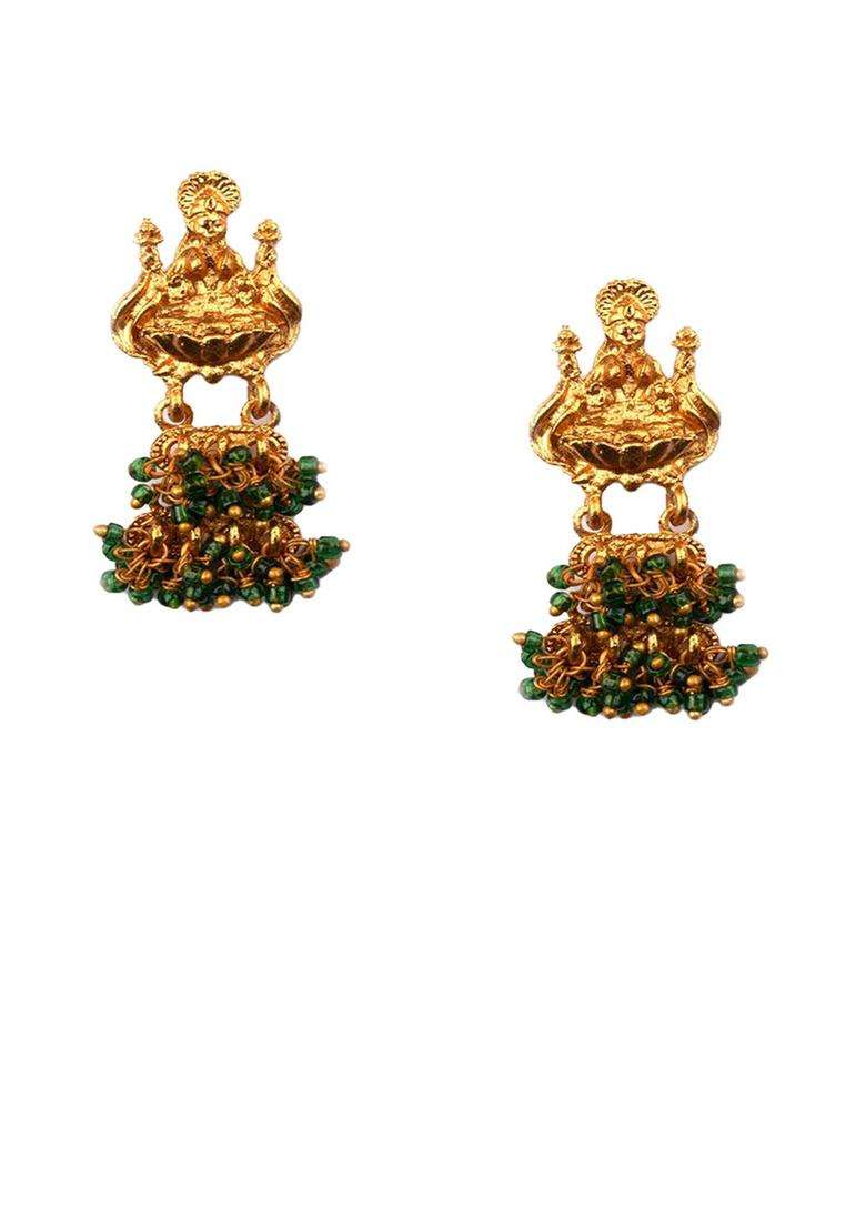 Gold-Plated Artificial Beaded Goddess Temple Contemporary Shaped Drop Earrings for Women | Traditional Temple Jewellery for Wedding & Festive Wear | Gift for Her - Indya