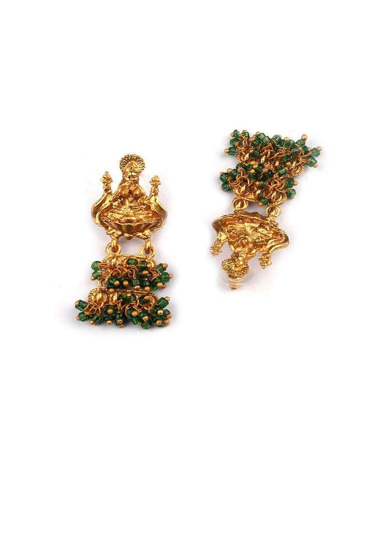 Gold-Plated Artificial Beaded Goddess Temple Contemporary Shaped Drop Earrings for Women | Traditional Temple Jewellery for Wedding & Festive Wear | Gift for Her - Indya