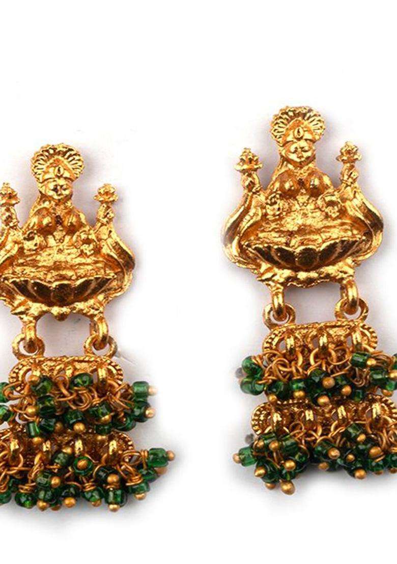 Gold-Plated Artificial Beaded Goddess Temple Contemporary Shaped Drop Earrings for Women | Traditional Temple Jewellery for Wedding & Festive Wear | Gift for Her - Indya