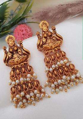 Gold-Plated Artificial Beaded Goddess Temple Contemporary Shaped Drop Earrings for Women | Traditional Temple Jewellery for Wedding & Festive Wear | Gift for Her