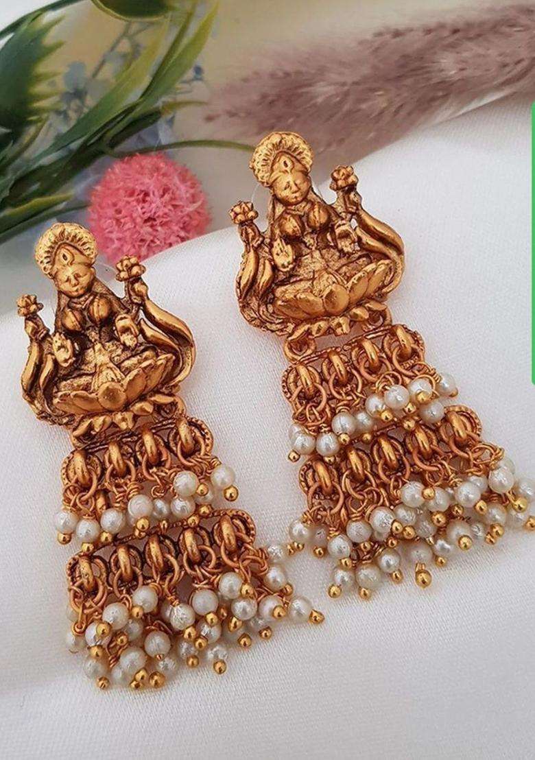 Gold-Plated Artificial Beaded Goddess Temple Contemporary Shaped Drop Earrings for Women | Traditional Temple Jewellery for Wedding & Festive Wear | Gift for Her - Indya