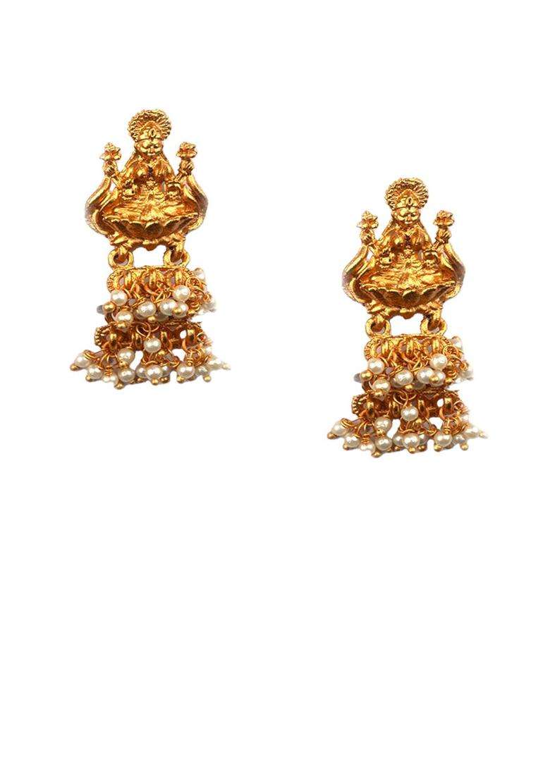 Gold-Plated Artificial Beaded Goddess Temple Contemporary Shaped Drop Earrings for Women | Traditional Temple Jewellery for Wedding & Festive Wear | Gift for Her - Indya