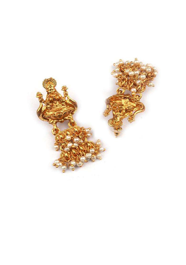 Gold-Plated Artificial Beaded Goddess Temple Contemporary Shaped Drop Earrings for Women | Traditional Temple Jewellery for Wedding & Festive Wear | Gift for Her - Indya