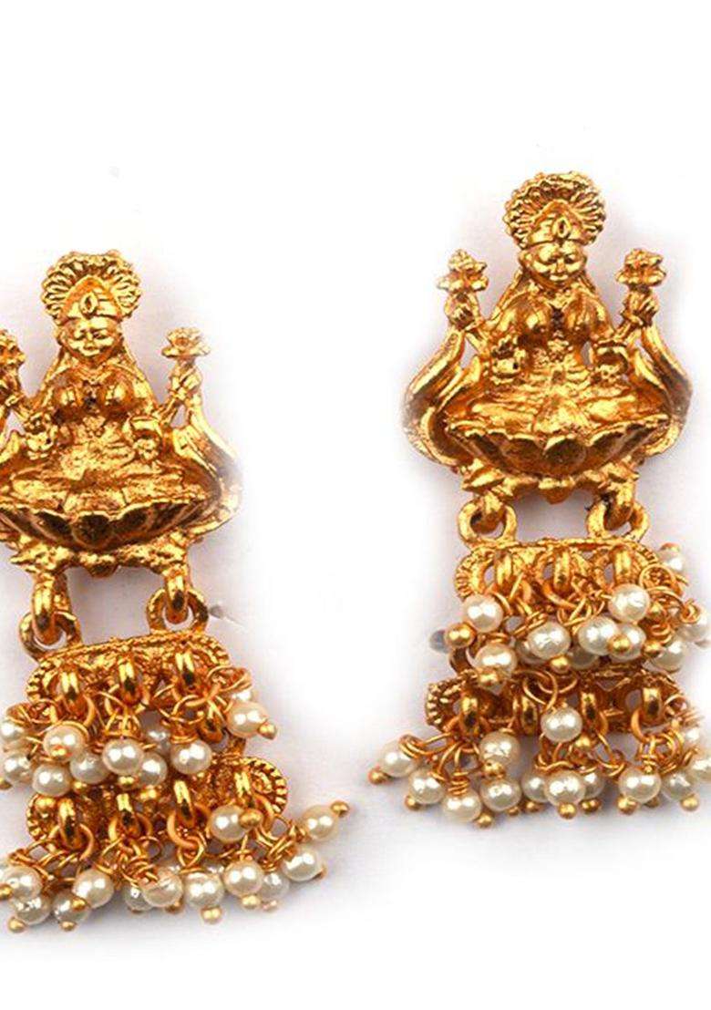 Gold-Plated Artificial Beaded Goddess Temple Contemporary Shaped Drop Earrings for Women | Traditional Temple Jewellery for Wedding & Festive Wear | Gift for Her - Indya