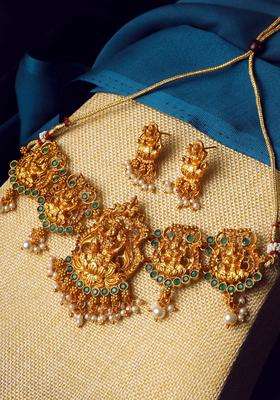 Gold-Plated Stone Studded & Beaded Lakshmi Goddess Temple Jewellery Set for Women | Traditional Temple Jewellery for Wedding & Festive Wear | Gift for Her