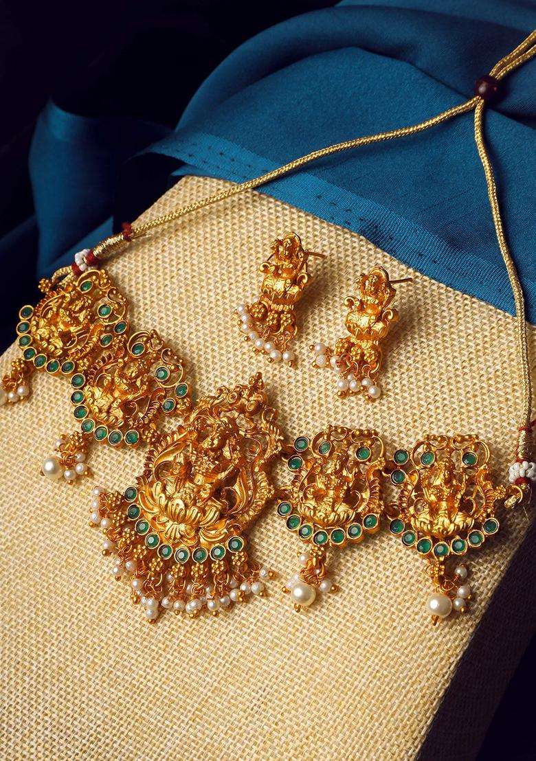 Gold-Plated Stone Studded & Beaded Lakshmi Goddess Temple Jewellery Set for Women | Traditional Temple Jewellery for Wedding & Festive Wear | Gift for Her - Indya