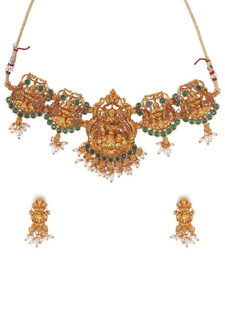 Gold-Plated Stone Studded & Beaded Lakshmi Goddess Temple Jewellery Set for Women | Traditional Temple Jewellery for Wedding & Festive Wear | Gift for Her - Indya