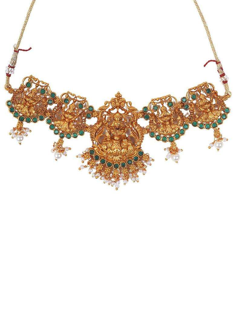 Gold-Plated Stone Studded & Beaded Lakshmi Goddess Temple Jewellery Set for Women | Traditional Temple Jewellery for Wedding & Festive Wear | Gift for Her - Indya