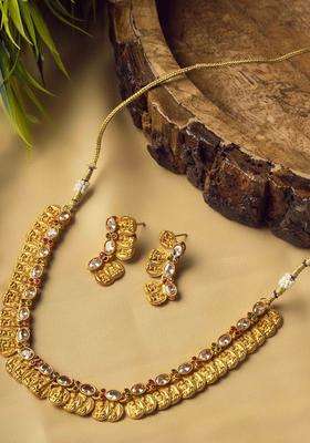 Gold-Plated Stone Studded Lakshmi Goddess Coins Jewellery Set for Women | Traditional Temple Jewellery for Wedding & Festive Wear | Gift for Her