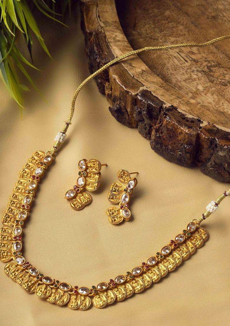 Gold-Plated Stone Studded Lakshmi Goddess Coins Jewellery Set for Women | Traditional Temple Jewellery for Wedding & Festive Wear | Gift for Her - Indya