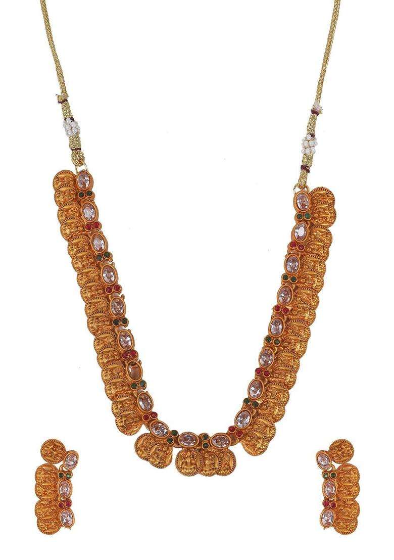Gold-Plated Stone Studded Lakshmi Goddess Coins Jewellery Set for Women | Traditional Temple Jewellery for Wedding & Festive Wear | Gift for Her - Indya