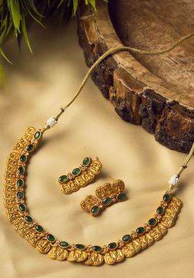 Gold-Plated Stone Studded Lakshmi Goddess Coins Jewellery Set for Women | Traditional Temple Jewellery for Wedding & Festive Wear | Gift for Her