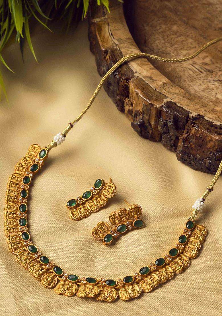 Gold-Plated Stone Studded Lakshmi Goddess Coins Jewellery Set for Women | Traditional Temple Jewellery for Wedding & Festive Wear | Gift for Her - Indya