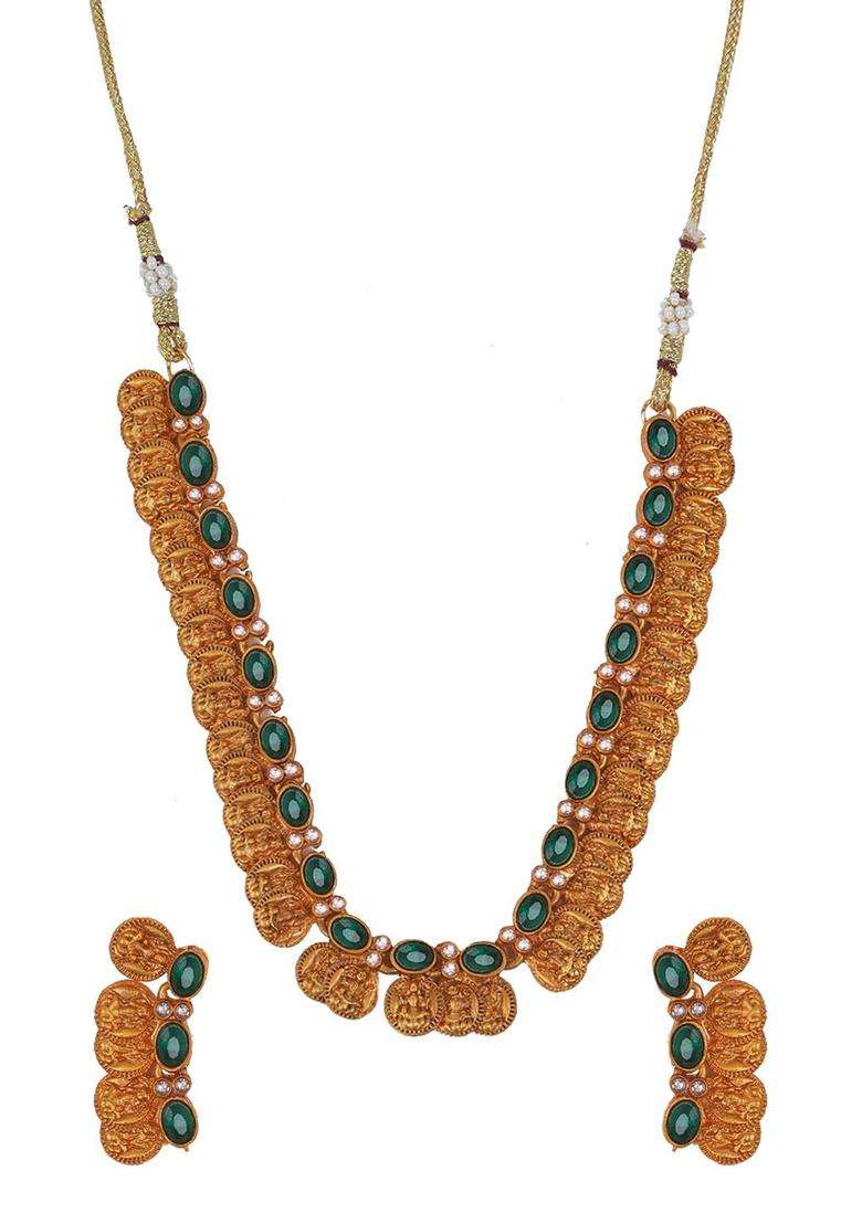 Gold-Plated Stone Studded Lakshmi Goddess Coins Jewellery Set for Women | Traditional Temple Jewellery for Wedding & Festive Wear | Gift for Her - Indya