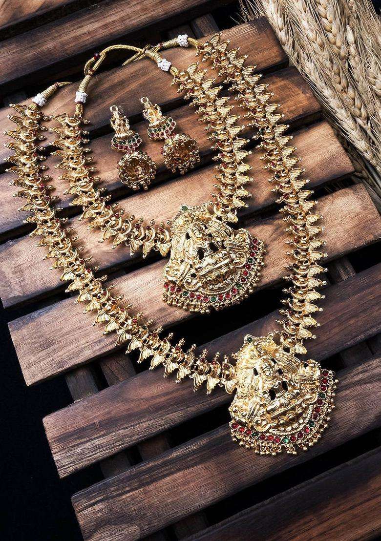 Gold-Plated Stone Studded Lakshmi Goddess Jewellery Set for Women | Traditional Temple Jewellery for Wedding & Festive Wear | Gift for Her - Indya