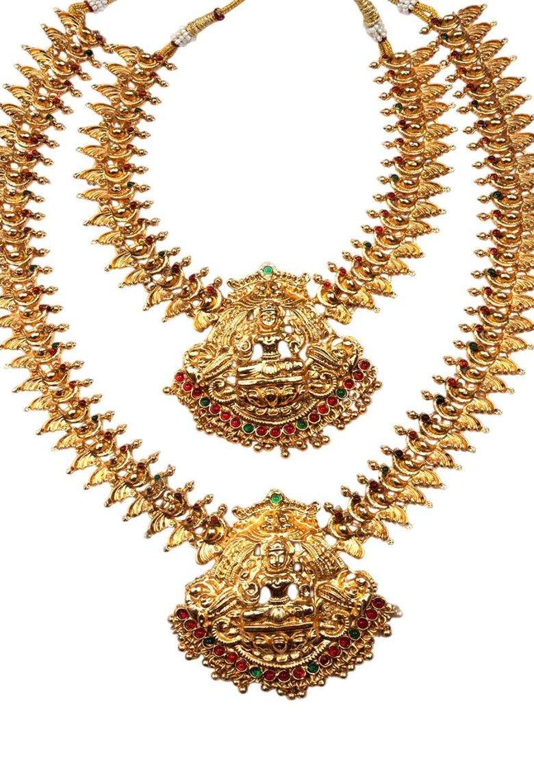 Gold-Plated Stone Studded Lakshmi Goddess Jewellery Set for Women | Traditional Temple Jewellery for Wedding & Festive Wear | Gift for Her - Indya